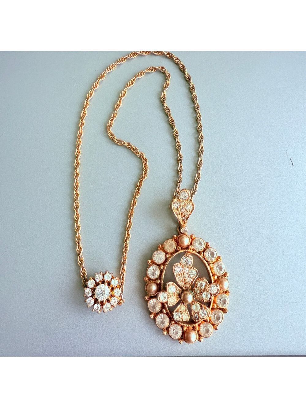 Vintage HOBE Gold Pansy Flower Rhinestone Pearl Pendant Necklace Circa 1940's